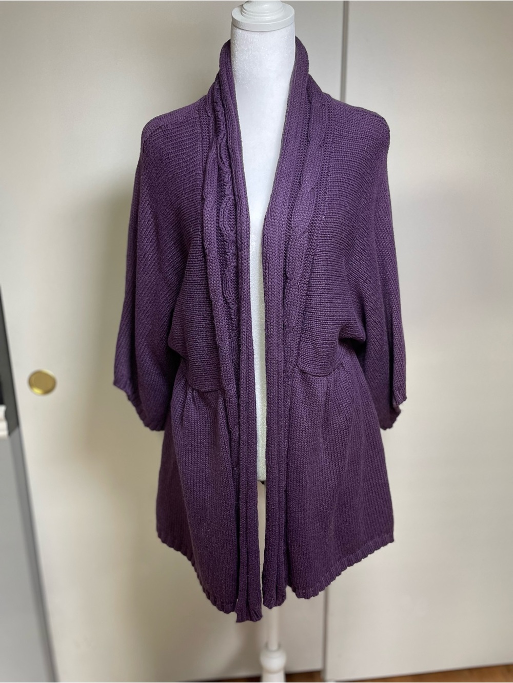 89th & Madison Purple Open-Front Cable-Trim Cardigan